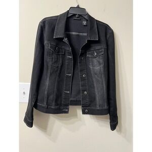 New York & Company Black Denim Trucker Jacket Faded Wash 90s Grunge Style XL